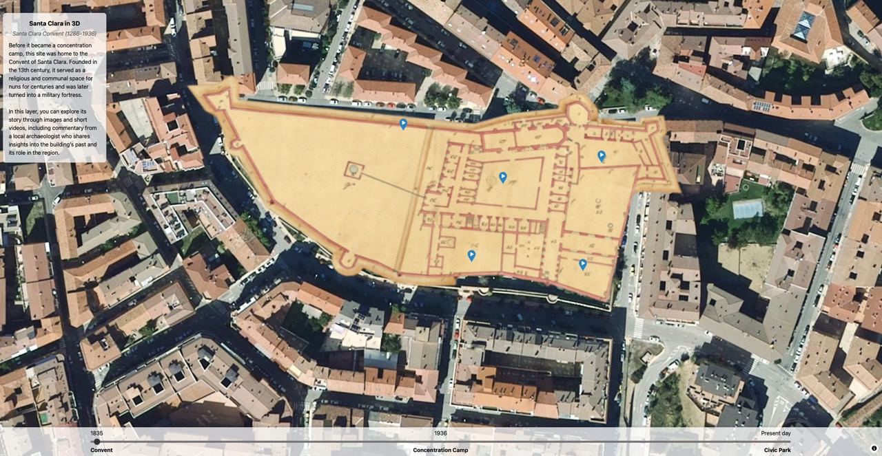 This digital platform lets users move through 3D reconstructions, 360-degree images, and archival material to see how the Santa Clara site changed from a convent to a Francoist camp and finally to its current state. Interactive markers invite exploration, showing how digital tools can support public memory and can be adapted for other erased or overlooked places. 2025