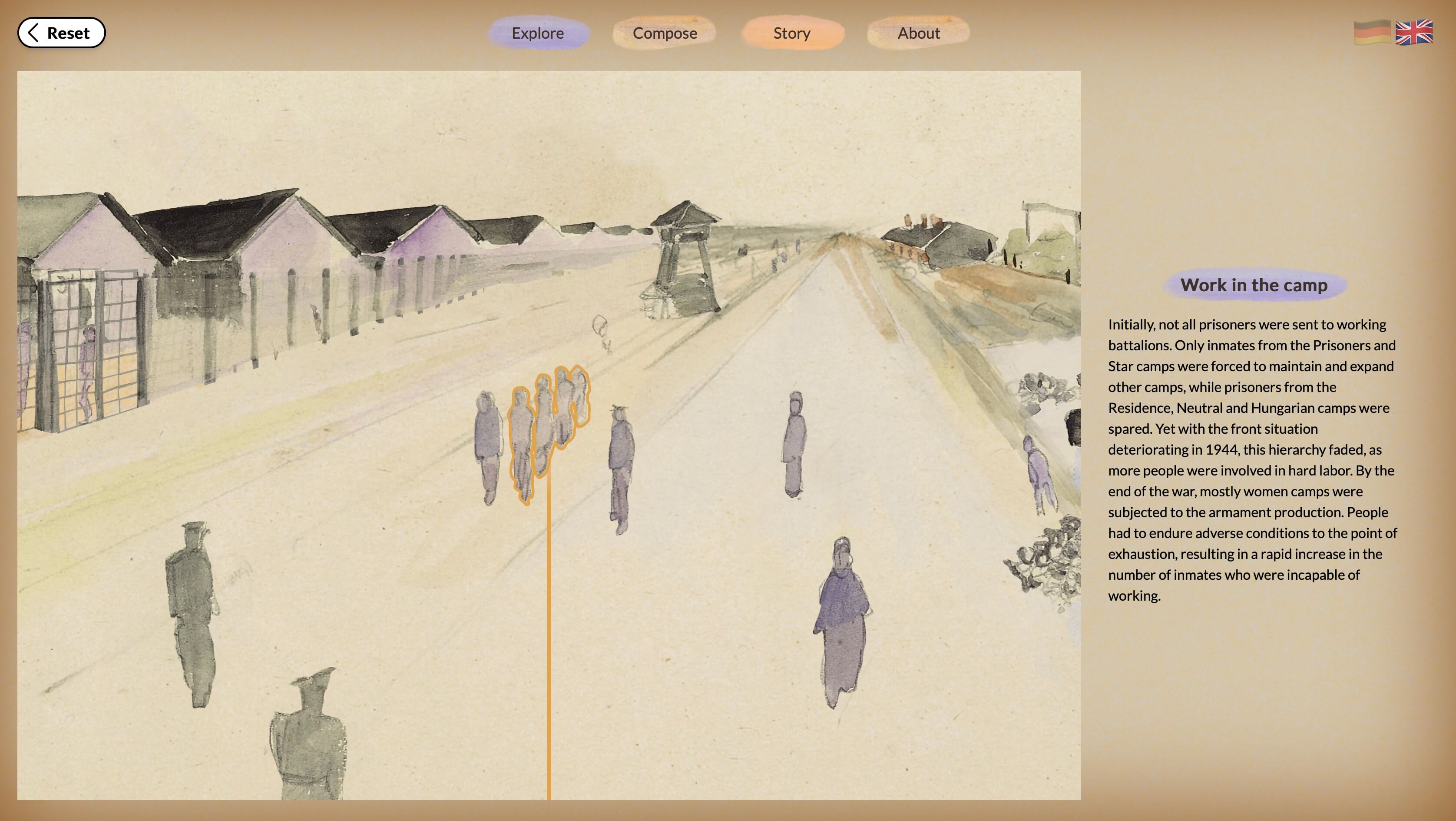 The interactive prisoner art explorer allows you to inspect details in a watercolor painting of a perspective view of the Bergen-Belsen Concentration  Camp and offers a guided storytelling tour through the various details of the painting. This is currently exhibited at the memorial of Bergen-Belsen, Germany. 2024